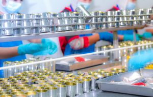 Canned fish factory. Food industry. Workers working in canned fo