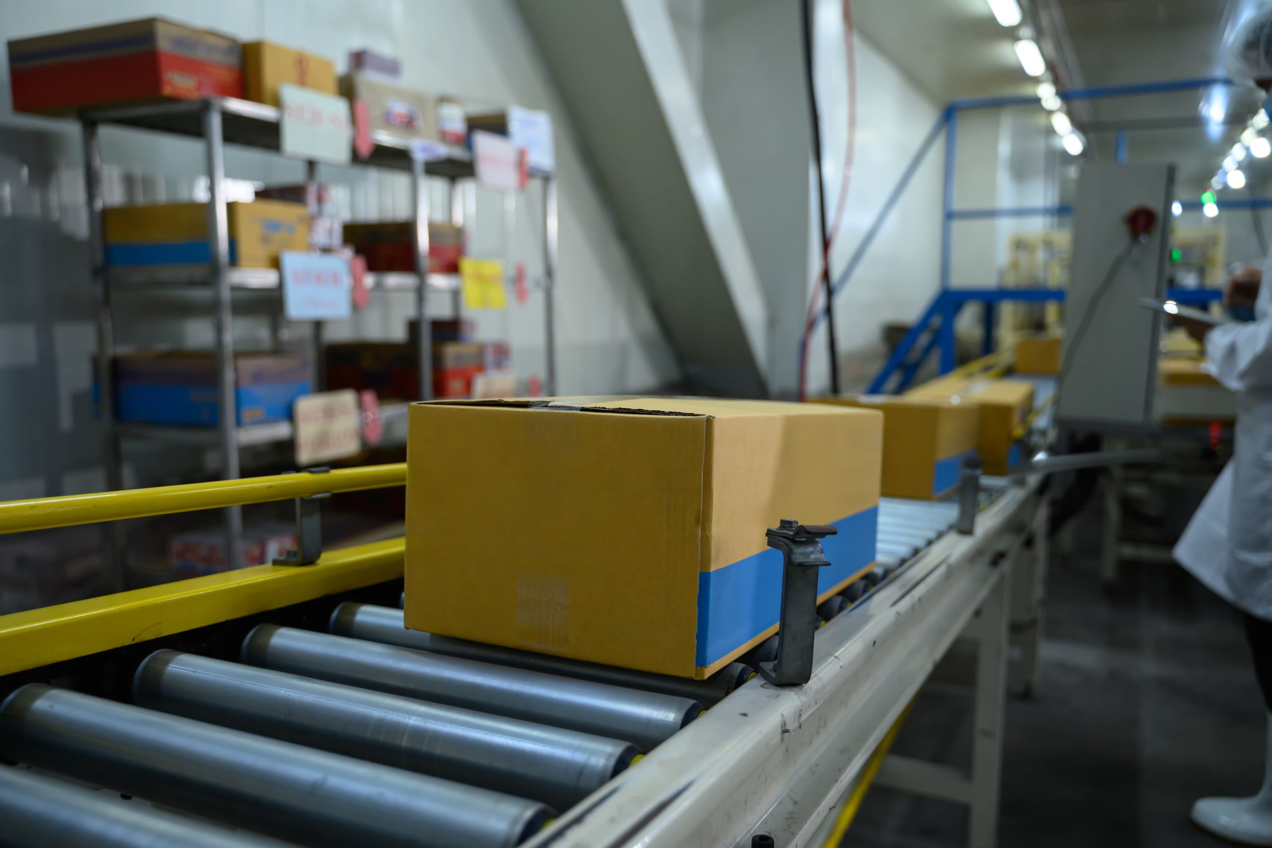 Conveyor belt system transporting cardboard boxes in modern food manufacturing plant